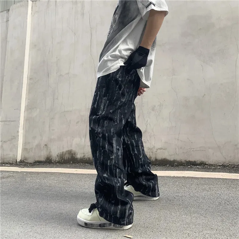 Wiaofellas  -  Autumn New Style Ink-splashing Jeans Men's Season Thin Ink-splashing High Street Straight-leg Pants Patchwork Jeans