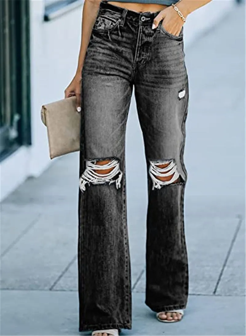 Wjczt High Waist New Retro Ripped Wide Leg Pants Straight Leg Jeans Hollow-out Flared Pants Loose Casual Women's Street Pants