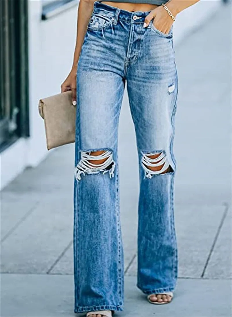 Wjczt High Waist New Retro Ripped Wide Leg Pants Straight Leg Jeans Hollow-out Flared Pants Loose Casual Women's Street Pants