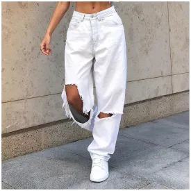 Wjczt - High Waist Women&#39;s Jeans Retro Women Wide Leg Pants Trousers Streetwear Holes Ripped Y2K Jean Teen Girls Straight Denim Jeans