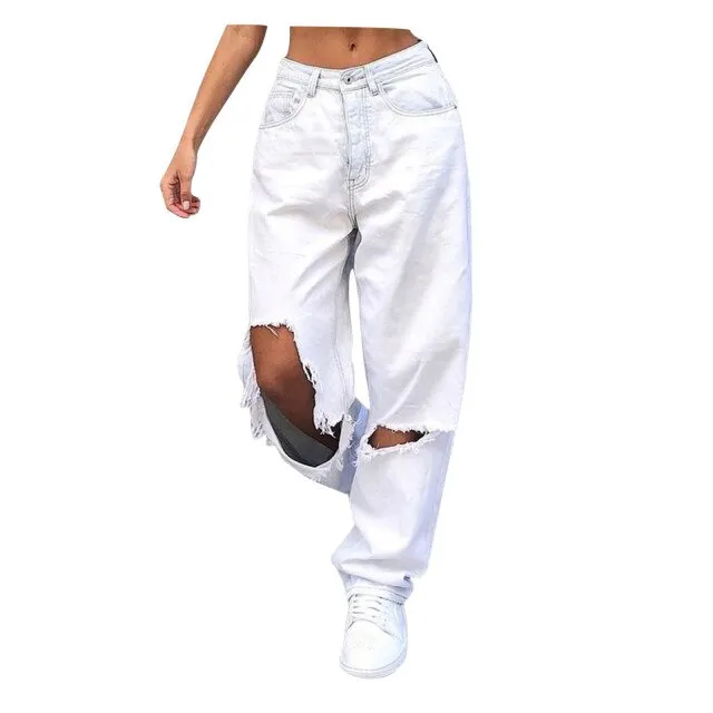 Wjczt - High Waist Women&#39;s Jeans Retro Women Wide Leg Pants Trousers Streetwear Holes Ripped Y2K Jean Teen Girls Straight Denim Jeans