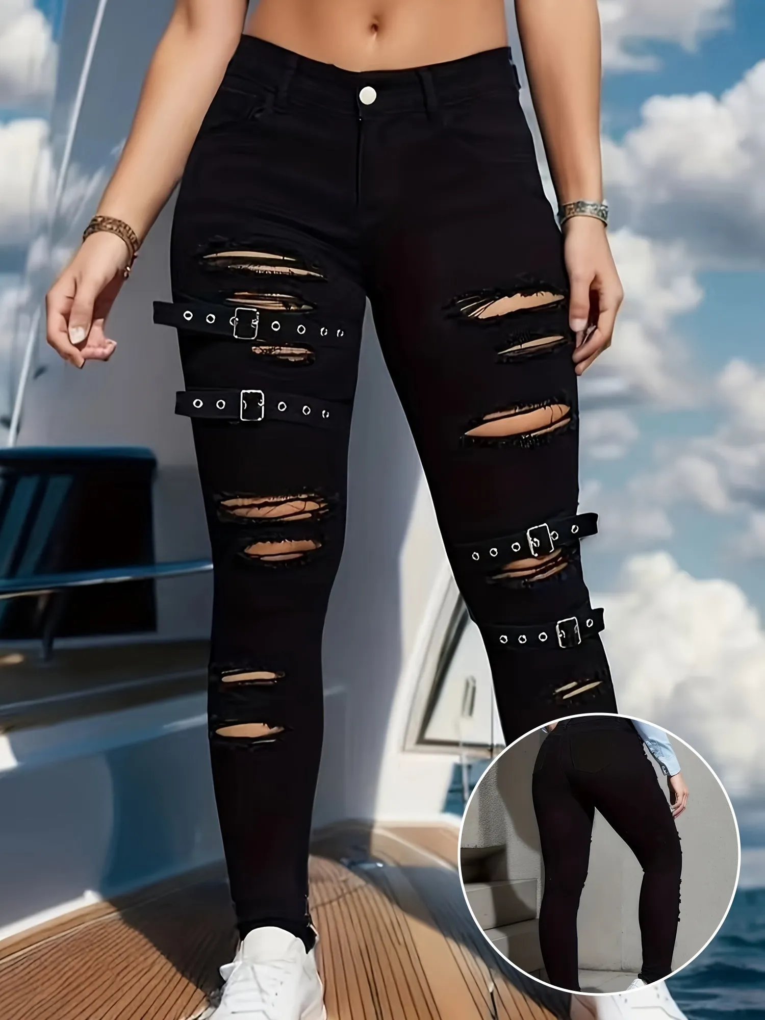 Women's High-Waisted Distressed Black Color Ripped Jeans With Buckle Details, Street Style Skinny Denim Pants For Spring/Fall