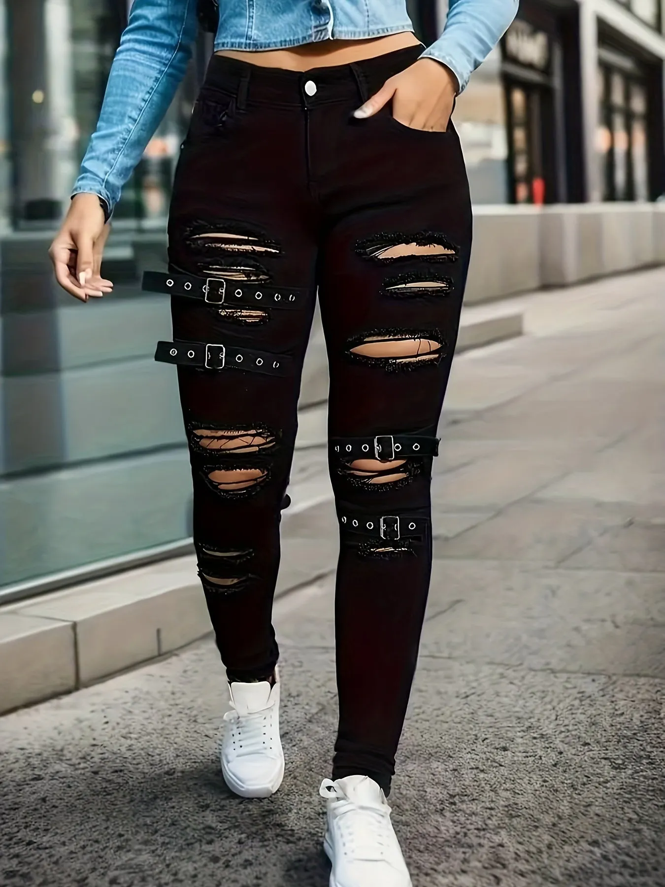 Women's High-Waisted Distressed Black Color Ripped Jeans With Buckle Details, Street Style Skinny Denim Pants For Spring/Fall