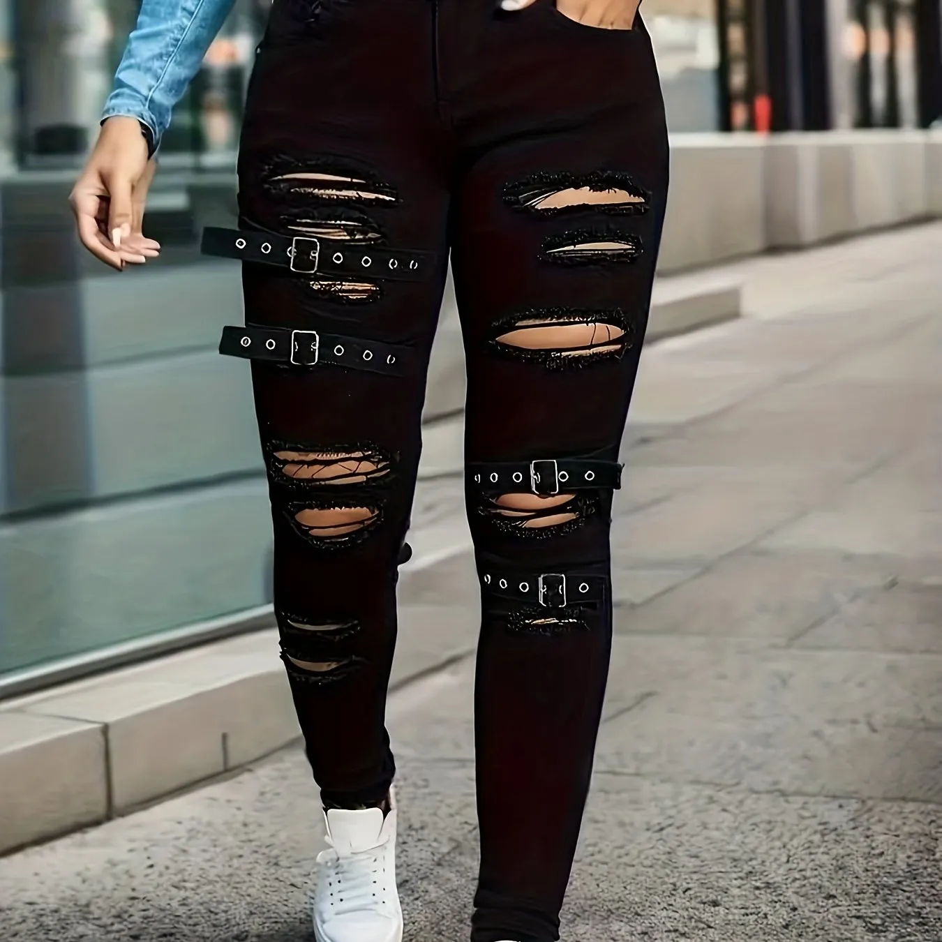 Women's High-Waisted Distressed Black Color Ripped Jeans With Buckle Details, Street Style Skinny Denim Pants For Spring/Fall