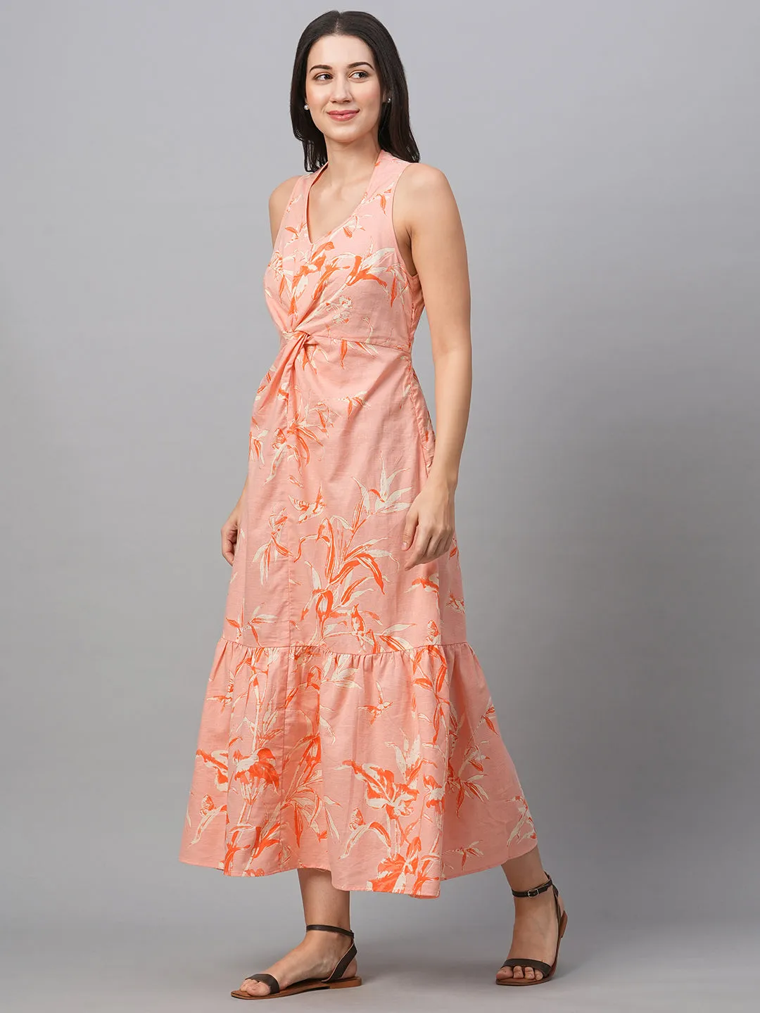 Women's Peach Cotton Linen Regular Fit Dress