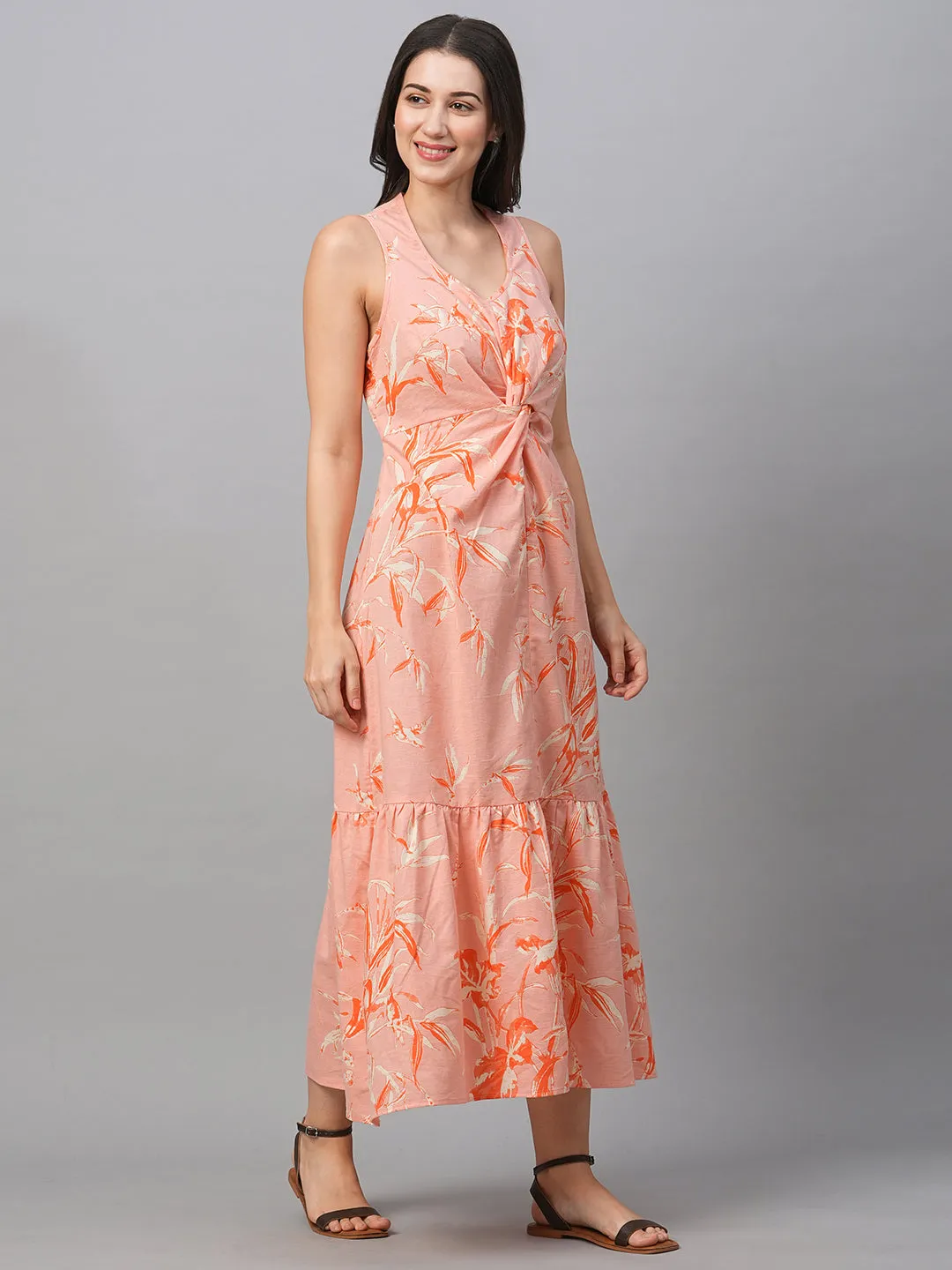 Women's Peach Cotton Linen Regular Fit Dress