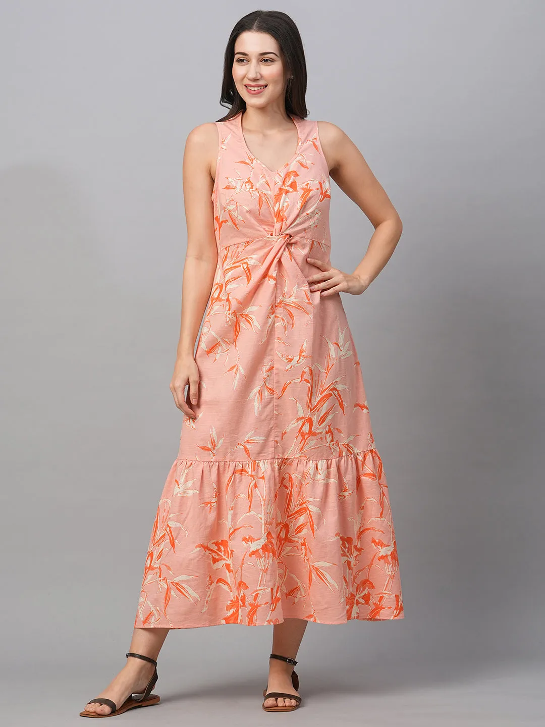 Women's Peach Cotton Linen Regular Fit Dress