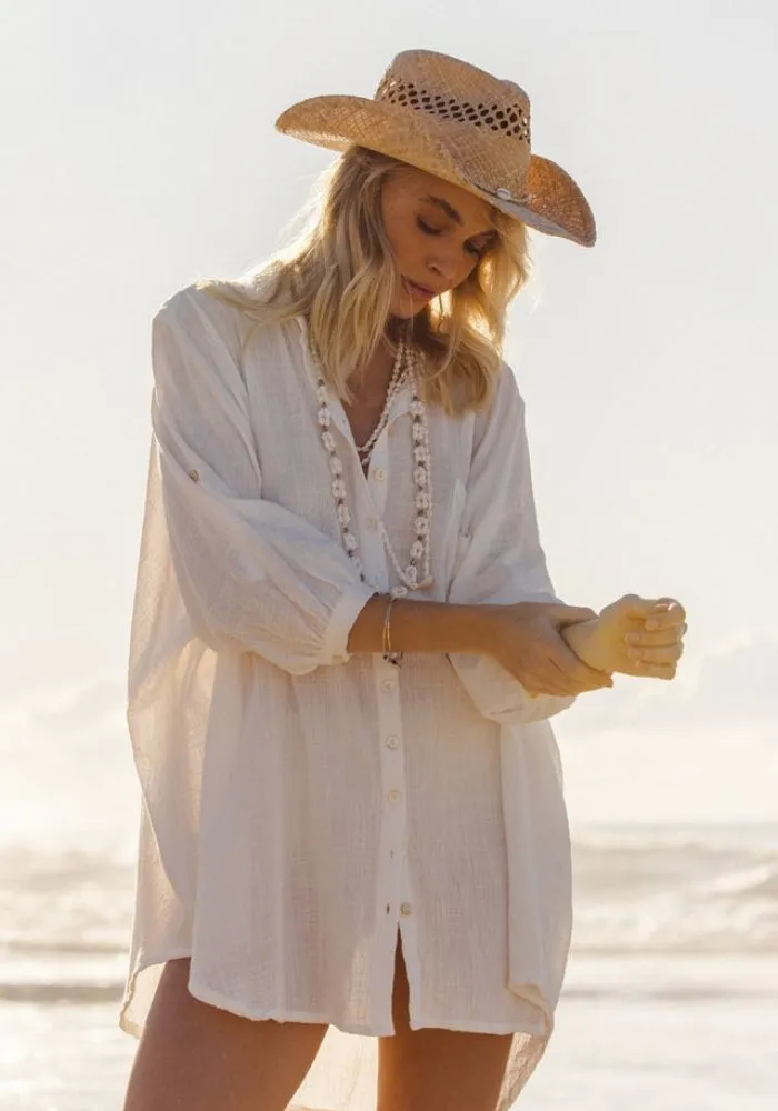 WS 3 Palms Shirt Dress - WHITE