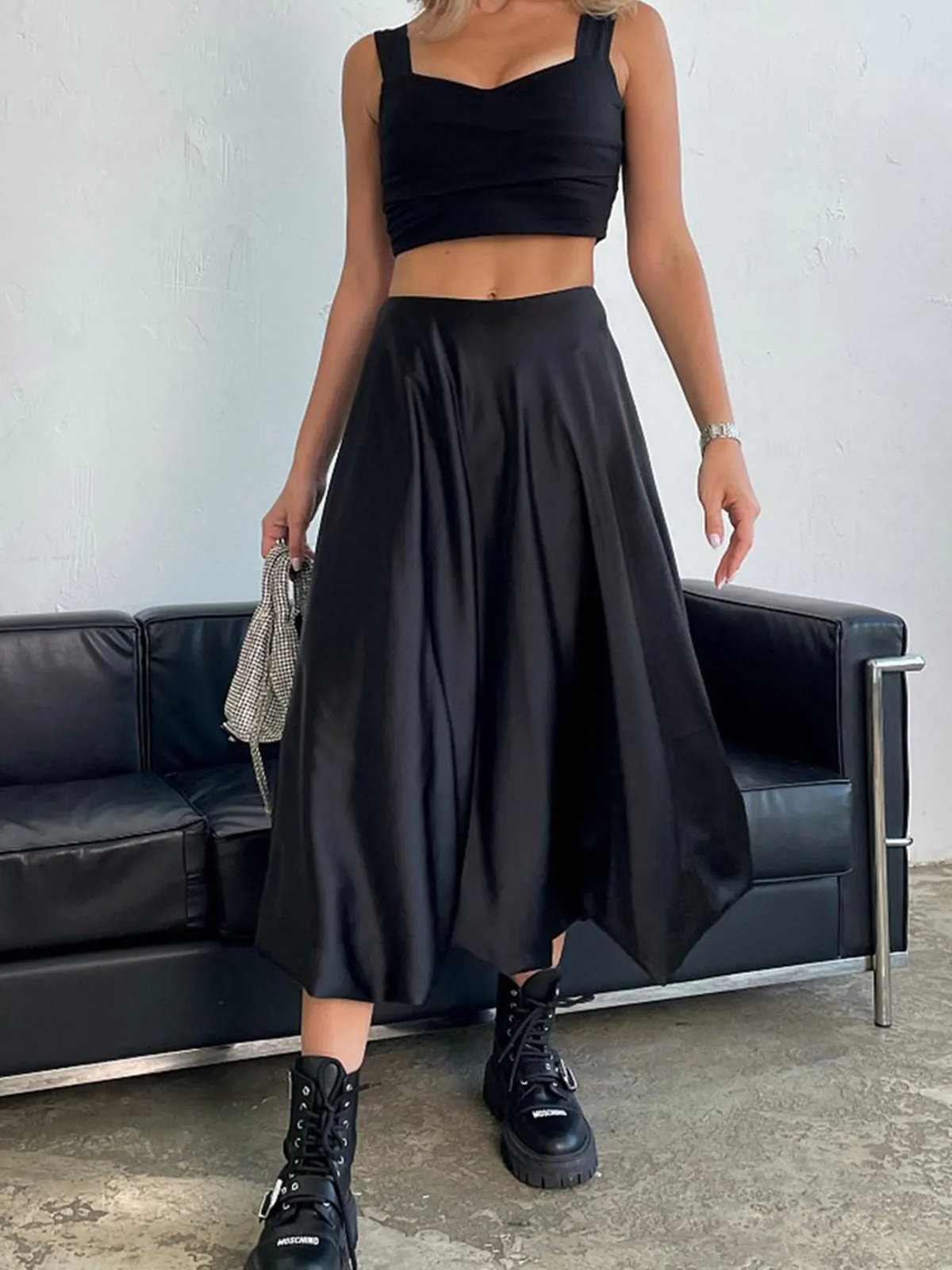 Zippered Satin Graceful A-Line Midi Skirt